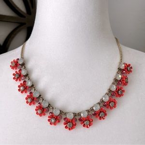J. CREW Bright Coral Flower Statement Necklace Pink Iridescent Rhineston…